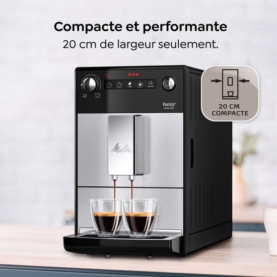 Volautomatische espressomachine met chrome uitloop, die twee koppen koffie zet, en een icoon van 20cm breed.