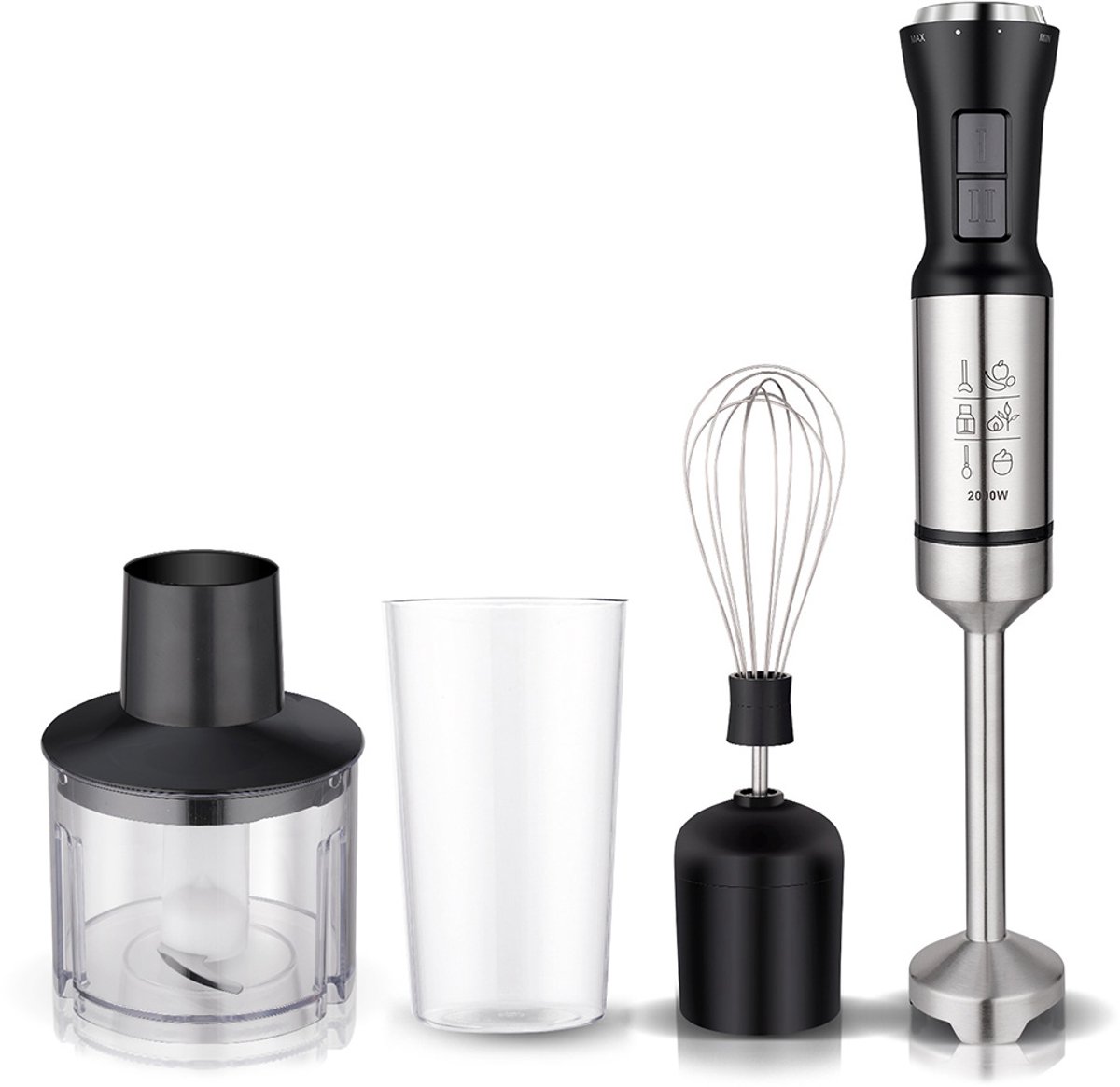 4-in-1 Multifunctionele Staafmixer 2000W – Sapcentrifuge, Garde, 700ml & 350ml Bekers – Voor Keuken & Bakken