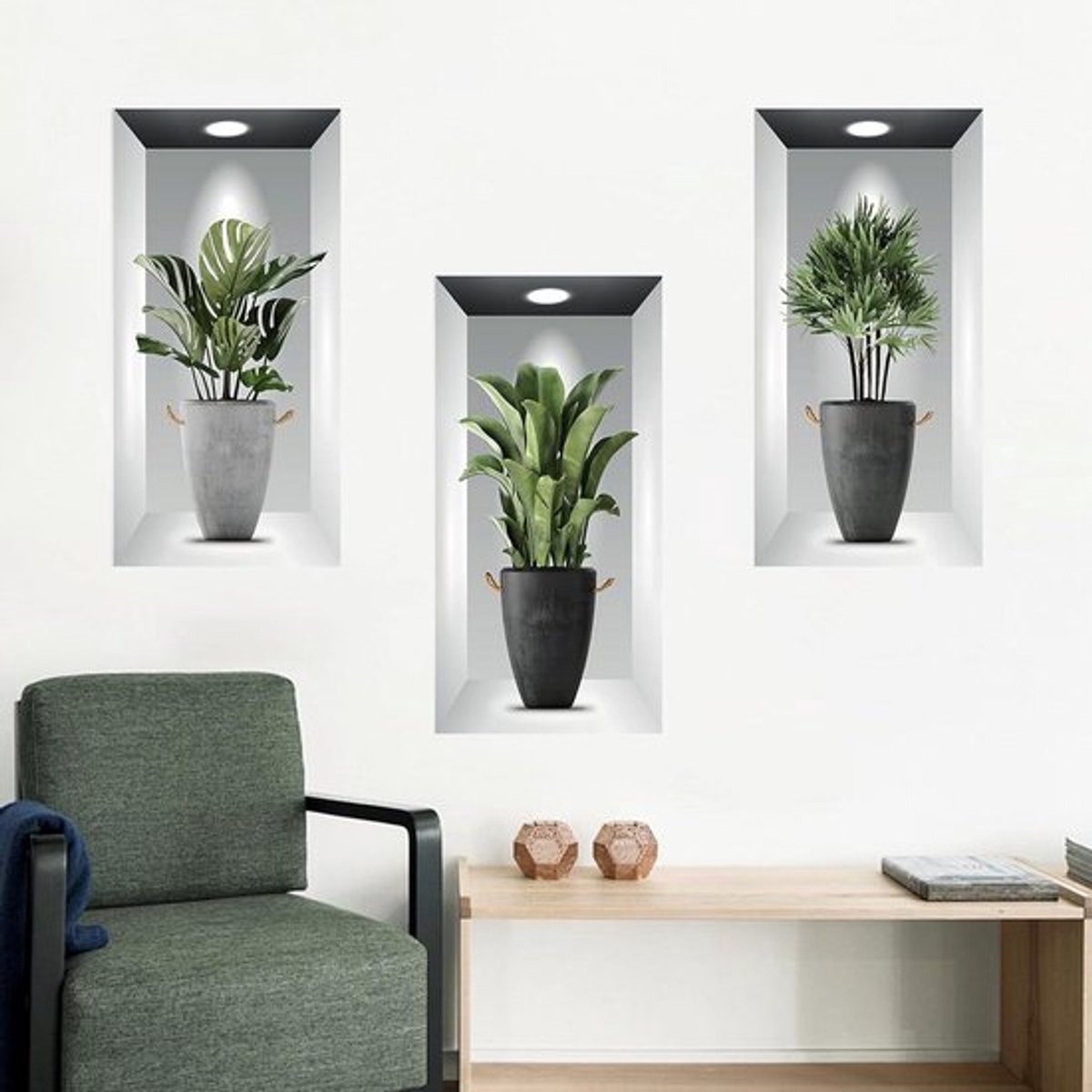 Realistische 3D planten muurstickers Allecto Plus, set van 3 groene