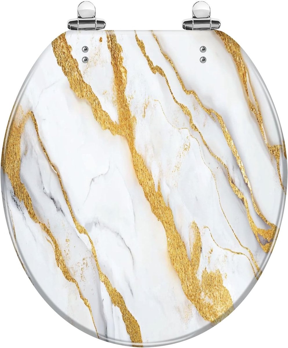 Ronde wc-bril - Luxe toiletzitting - Badkamer vernieuwen - Zacht sluitend deksel - 41.9 x 36.8 cm - Wit goud marmer