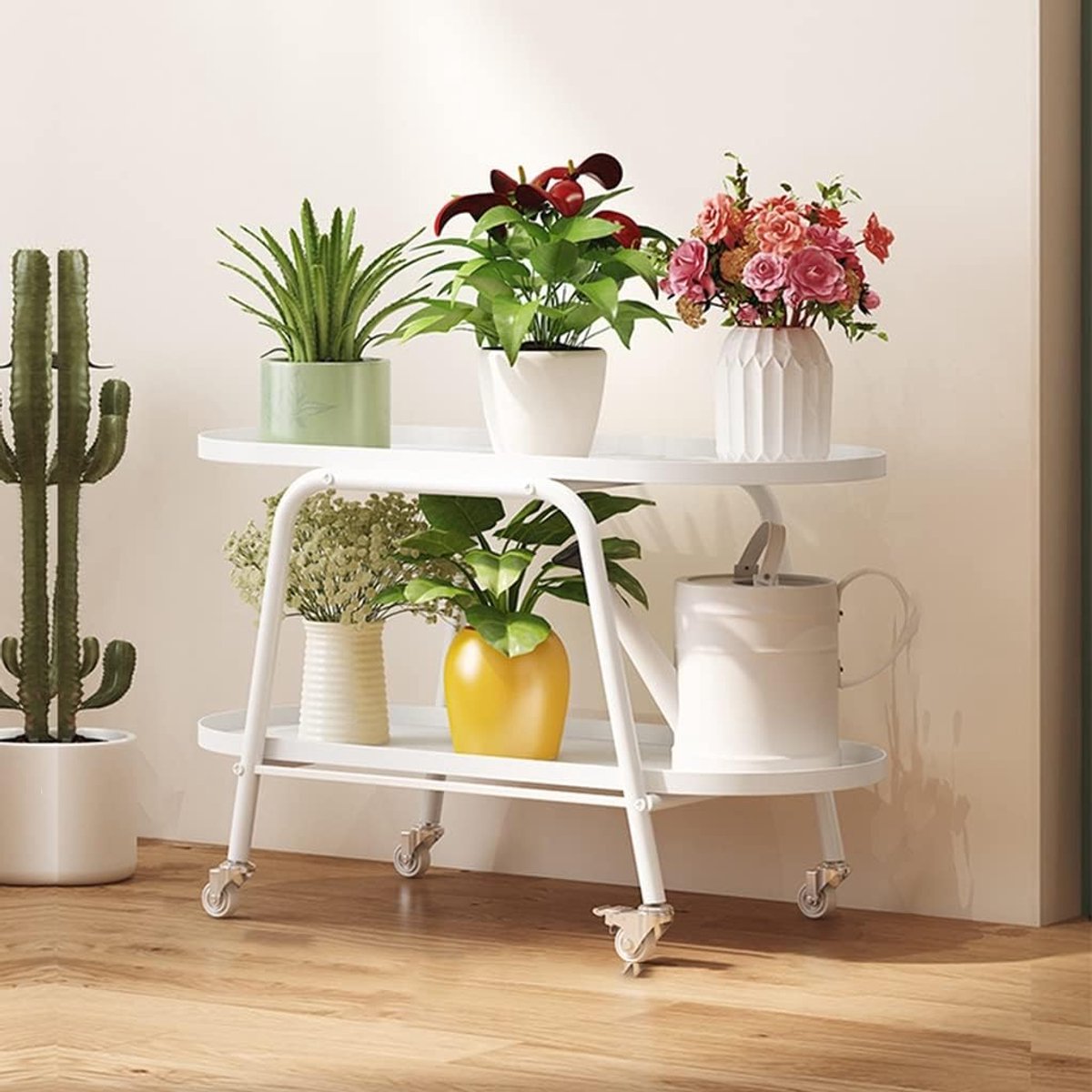 Plantenrek Met Wielen - Bloemenstandaard - Planten Presenteren - Stabiele Metalen Constructie - 2 Laags - Wit