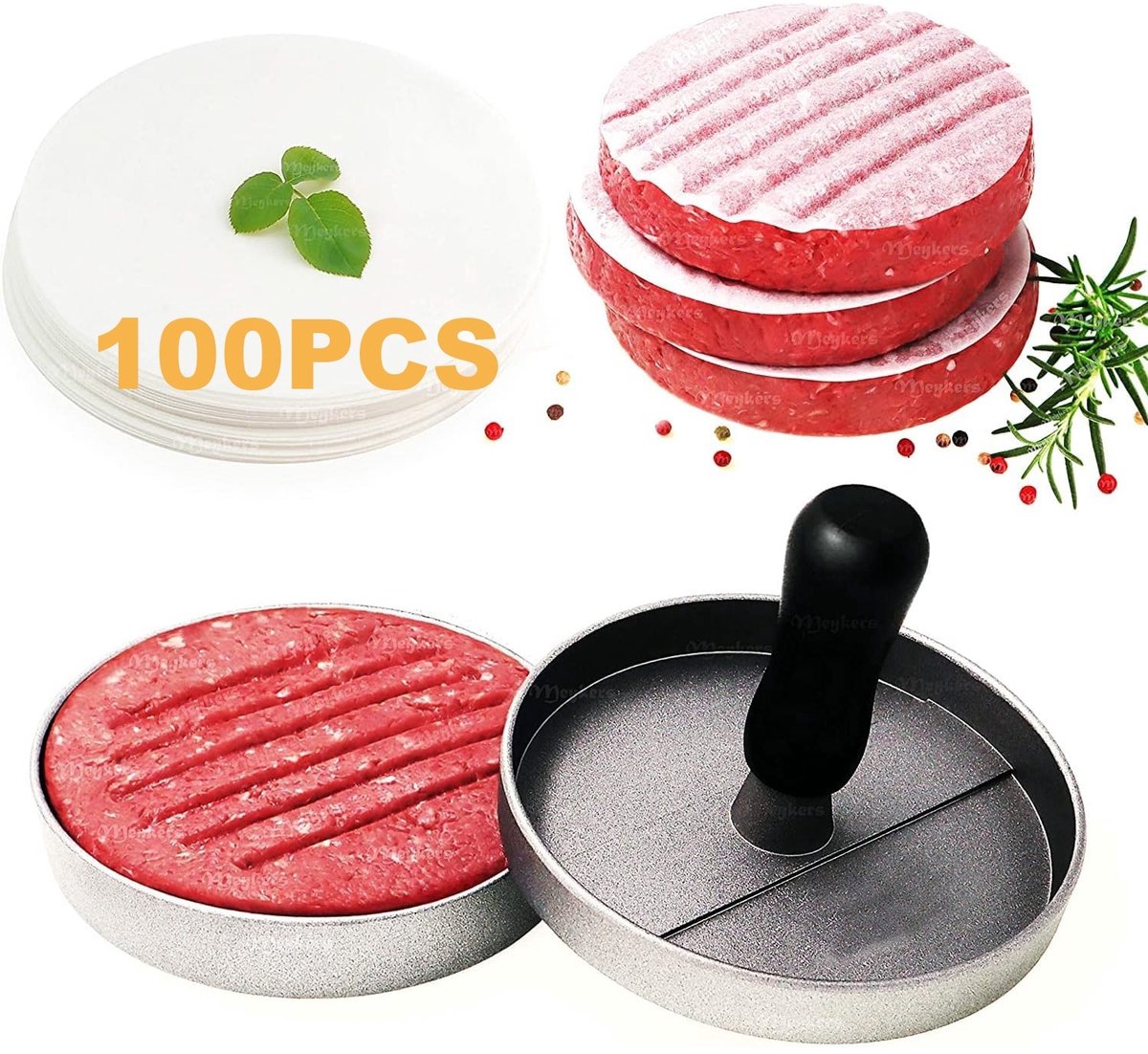 Hamburgerpers - TENZHVXI® - Inclusief 100 bakvellen - Voor in de keuken en thuis, picknick en kamperen - Aluminium - Afneembaar handvat - 11,4 cm - Zilverkleurig