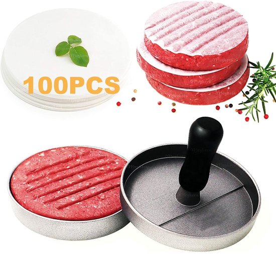 Stapel van drie burgers met tussenbladen. Links een stapel bakvellen. Rechts een burgerpers met een burger erin.