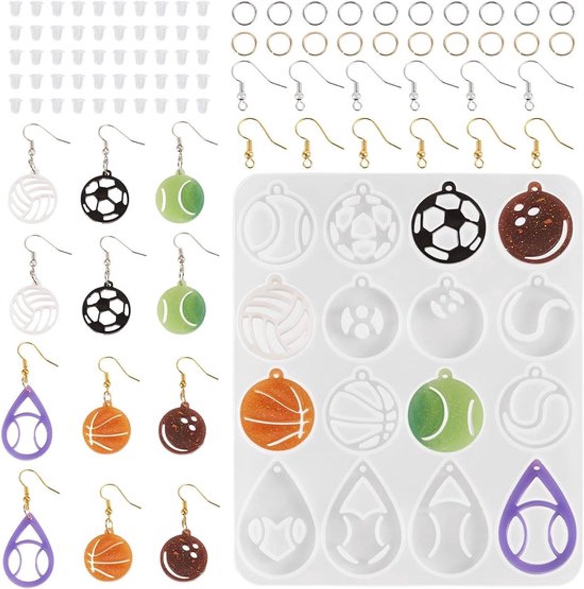 Siliconen Mallen Basketbal en Voetbal Hangers voor UV Epoxy Hars Sieraden Maken - Met Oorbel Haken, Jump Ringen en Oor Noten - Sleutelhanger Craft Mold