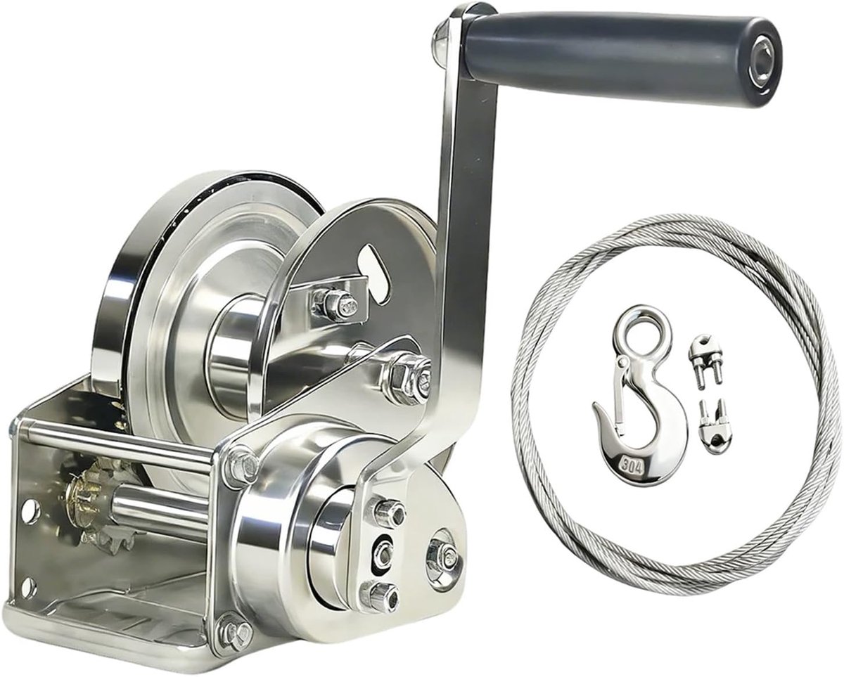 Handlier met Kabel - Handslinger Lier - Aanhanger Laden - Zelfvergrendelend Mechanisme - 800lb Capaciteit - Zilver