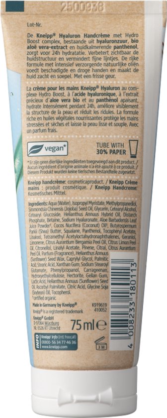 Kneipp Hyaluron Handcrème met hydroparels, dermatologisch getest en 24 uur hydratatie.