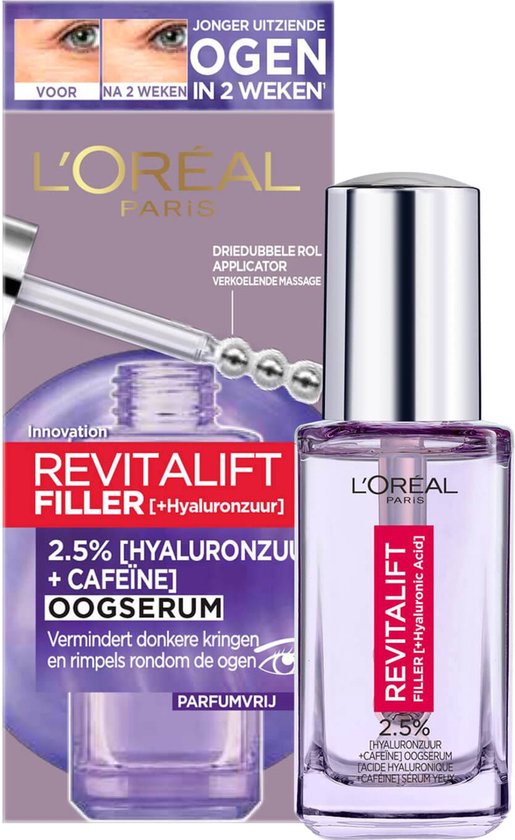 L'Oréal Paris Revitalift Filler Oogserum met hyaluronzuur en cafeïne, op de verpakking staat 'Jonger uitziende ogen in 2 weken'.