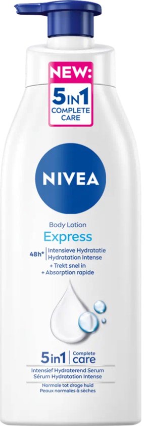NIVEA Express Bodylotion met Pomp - Voor Normale tot Droge Huid - Hyaluronzuur en Voedend Serum - 72H Hydraterende Lotion - 400 ml