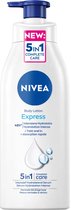 Witte NIVEA Express bodylotion fles met blauwe dop, met 'NEW' en '5in1 Complete Care' sticker.