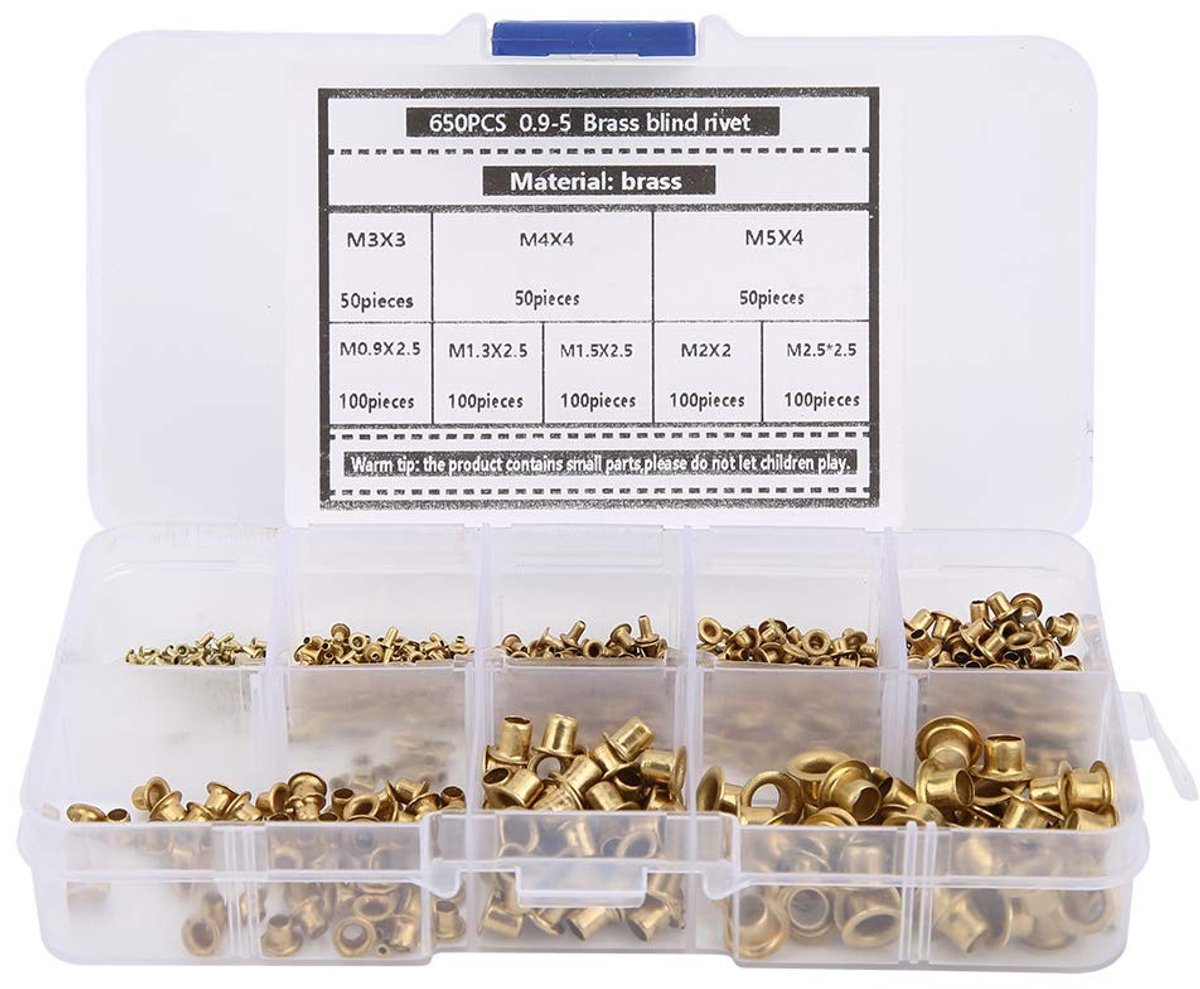 650 stuks Messing Blinde Popnagels Assortiment - Holle Metalen Oogjes en Zachte Draad Accessoires voor Klussen en DIY-projecten