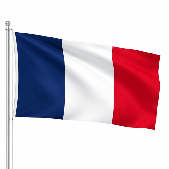 Drapeau français sur un mât, avec des bandes bleues, blanches et rouges.