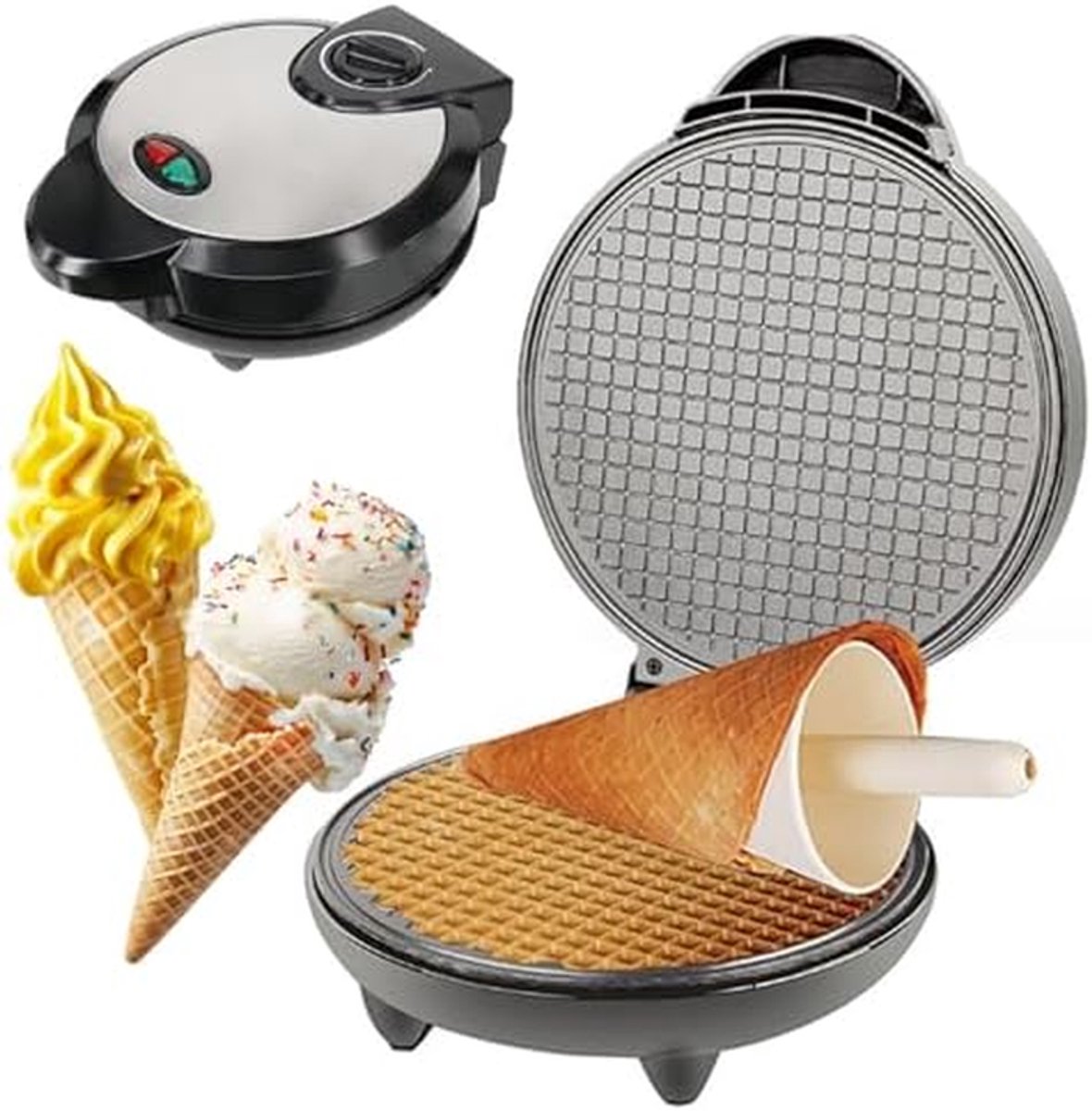 Elektrisch Wafelijzer - IJshoorntjesmaker Rolletjesmaker - Zelf Lekkere Snacks Maken - Dubbelzijdige Verwarming - 20 cm - RVS