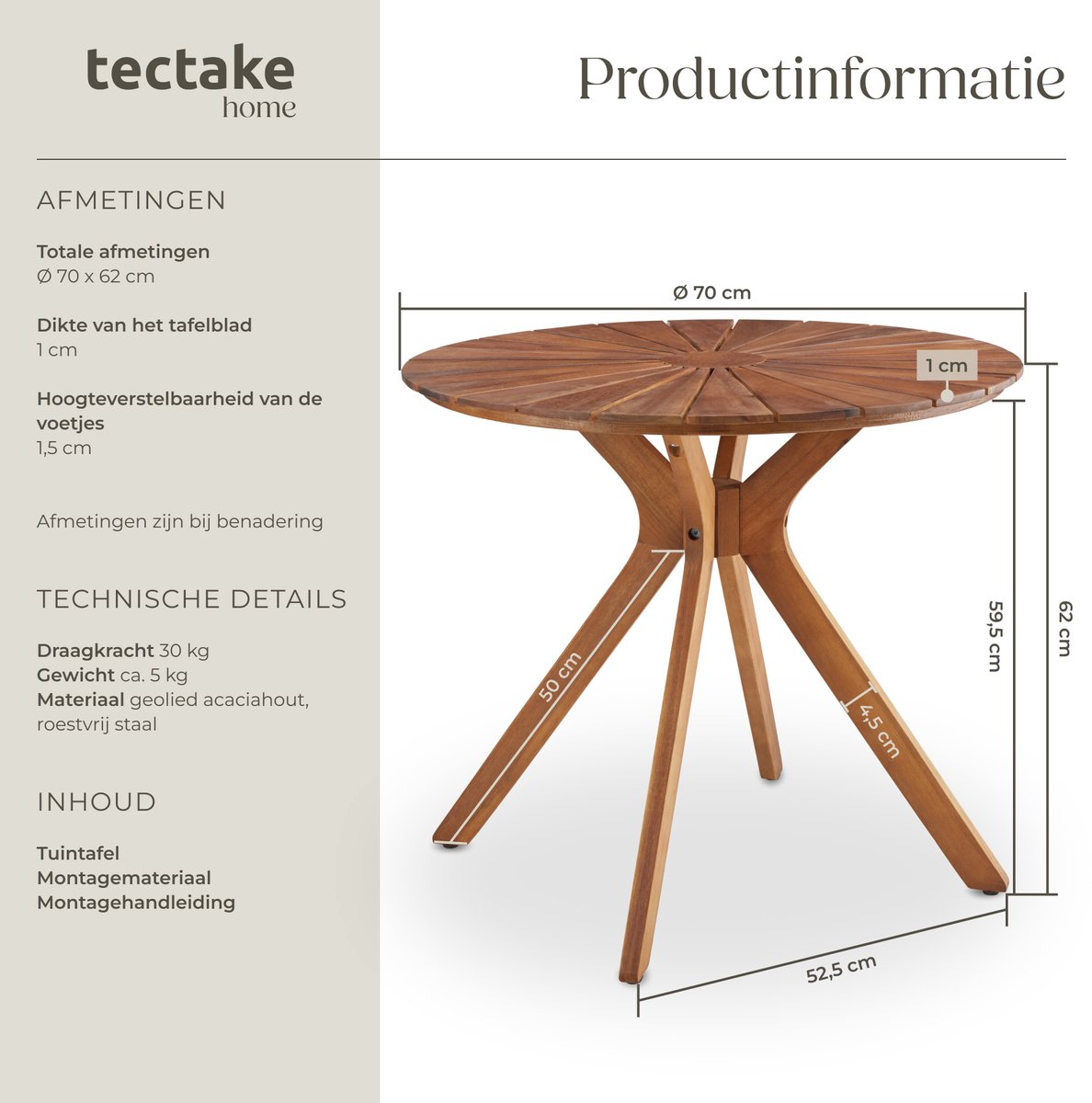 tectake Ronde Houten Tuintafel - Ø70 x 62 cm thumbnail 3