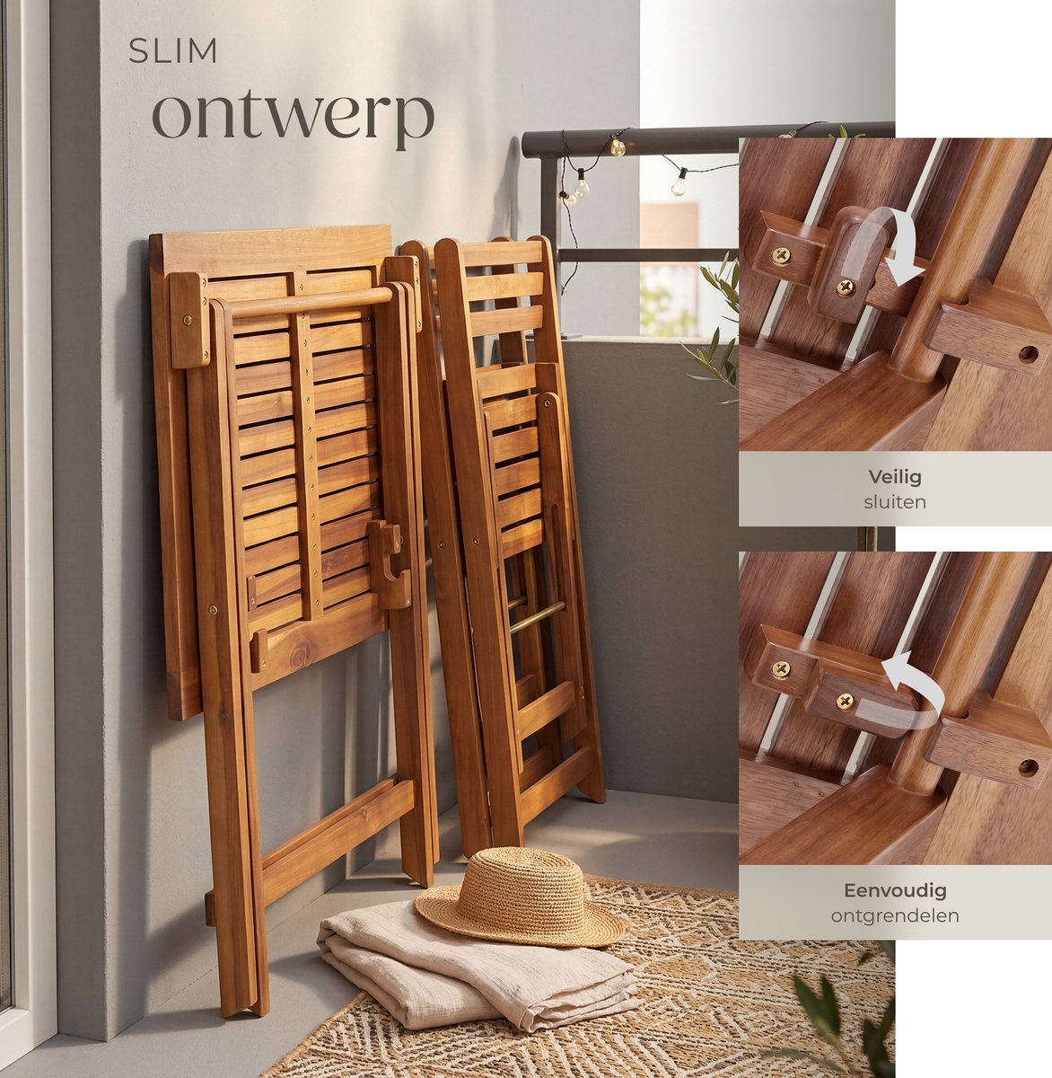 tectake® Houten Bistroset voor 2 Personen - 60 x 60 x 74,5 cm - Weerbestendig Acaciahout - Opvouwbaar - Inklapbaar - Tuinset met Bistrotafel en Bistrostoelen - Tuintafel - Tuinstoelen - Tafel en Stoelen set voor Balkon, Camping & Terras – foto 6