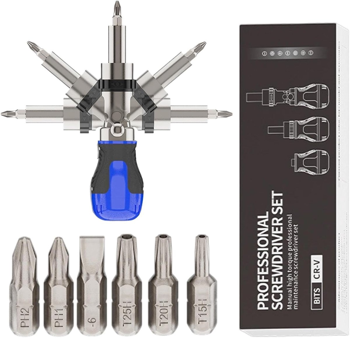 Ratelschroevendraaier Set - Verstelbare Multi Bit - Reparatie Klussen - 180 Graden Verstelbaar - 7 Delig - Zwart
