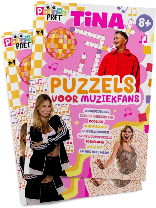 Twee covers van Tina Puzzelpret 4 met zangeres Anouk, DJ La$$a en een discobal. Puzzels voor muziekfans.