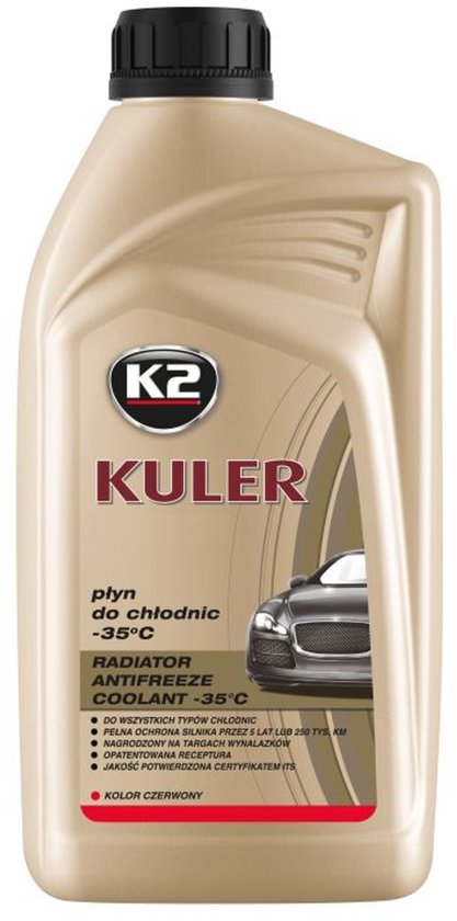 K2 Kuler koelvloeistof fles, 1 liter, met label 'RADIATOR ANTI-FREEZE COOLANT -35°C KOOLDOOKVLOEISTOF ROOD'