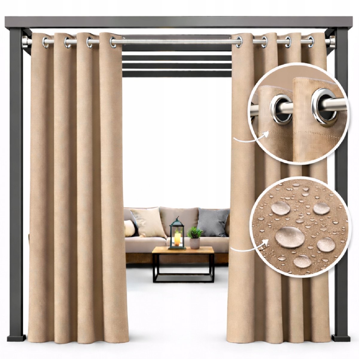 NOW-ART Wodo-K Serie - Waterafstotend Tuingordijn - 155 x 180 cm - Beige - Met ringen Beige;Bruin