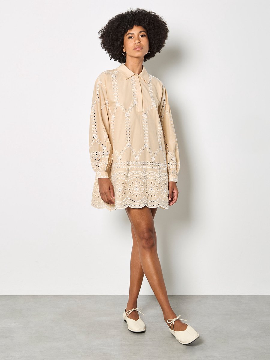 Katoenen swing-minijurk met broderie anglaise