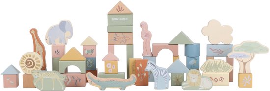 Houten blokken met pastelkleurige safari-afbeeldingen, waaronder een olifant, giraf, krokodil, zebra, leeuw, luipaard, slak, flamingo en boom.