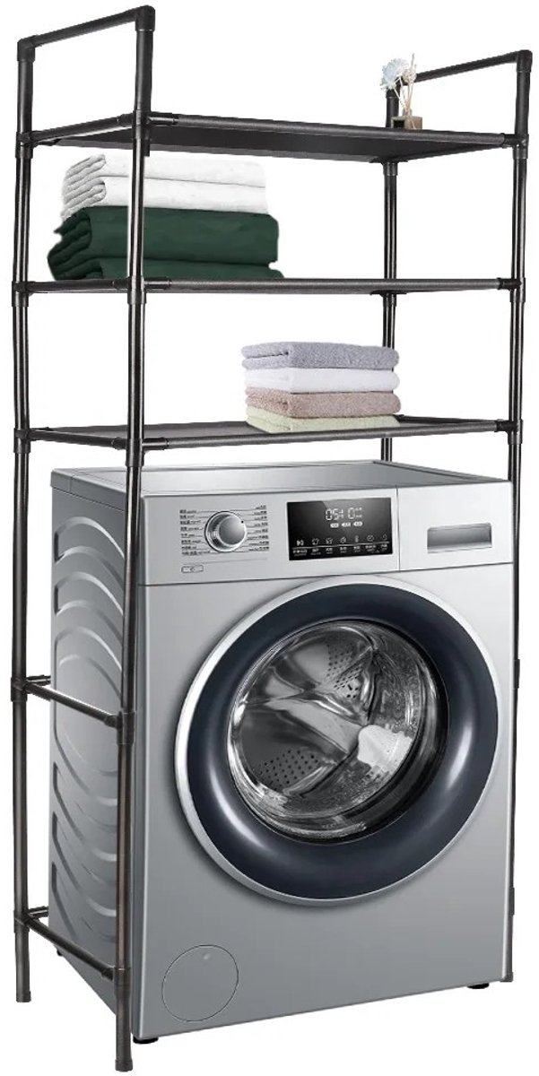 Dailygoods Drie-laags wasmachine opbergrek - Ruimtebesparend badkamerrek - Toilet bovenrek - Zwart - Kunststof materiaal