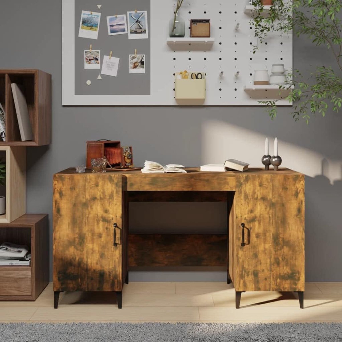 Bureau Tafel - Werkplek Bureau - Thuiswerken Organiseren - Met Opbergvakken - 140 x 50 cm - Rookeiken