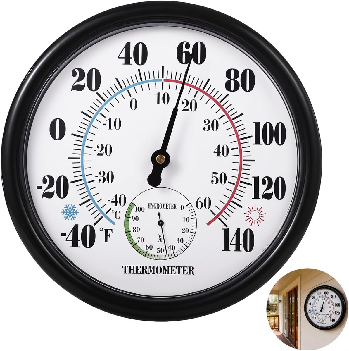 Zaal of Yard Thermometer - Hygrometer Weerstation - Omgevingsbewaking Binnen - Dubbele Schaal Weergave - 10 Inch Display - Zwart