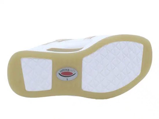 Zool van witte sneaker met beige rand, 'rollings soft' logo en ruitpatroon.