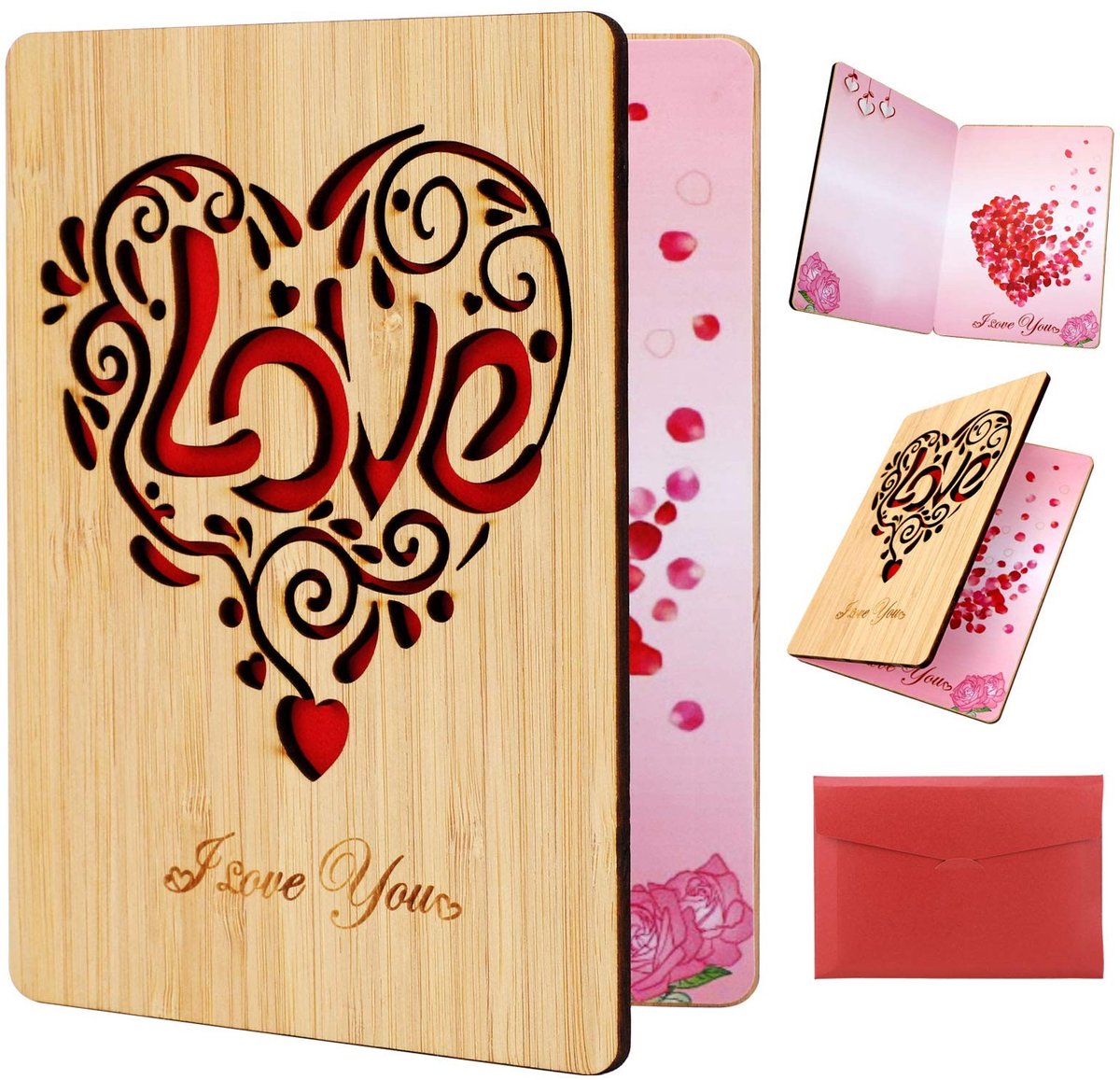Dailygoods- Verjaardagskaart Houten I Love You - Wenskaart voor Vriend/Vriendin - Romantische Geschenken - Valentijnskaart - Lege Binnenkant voor Persoonlijke Boodschap