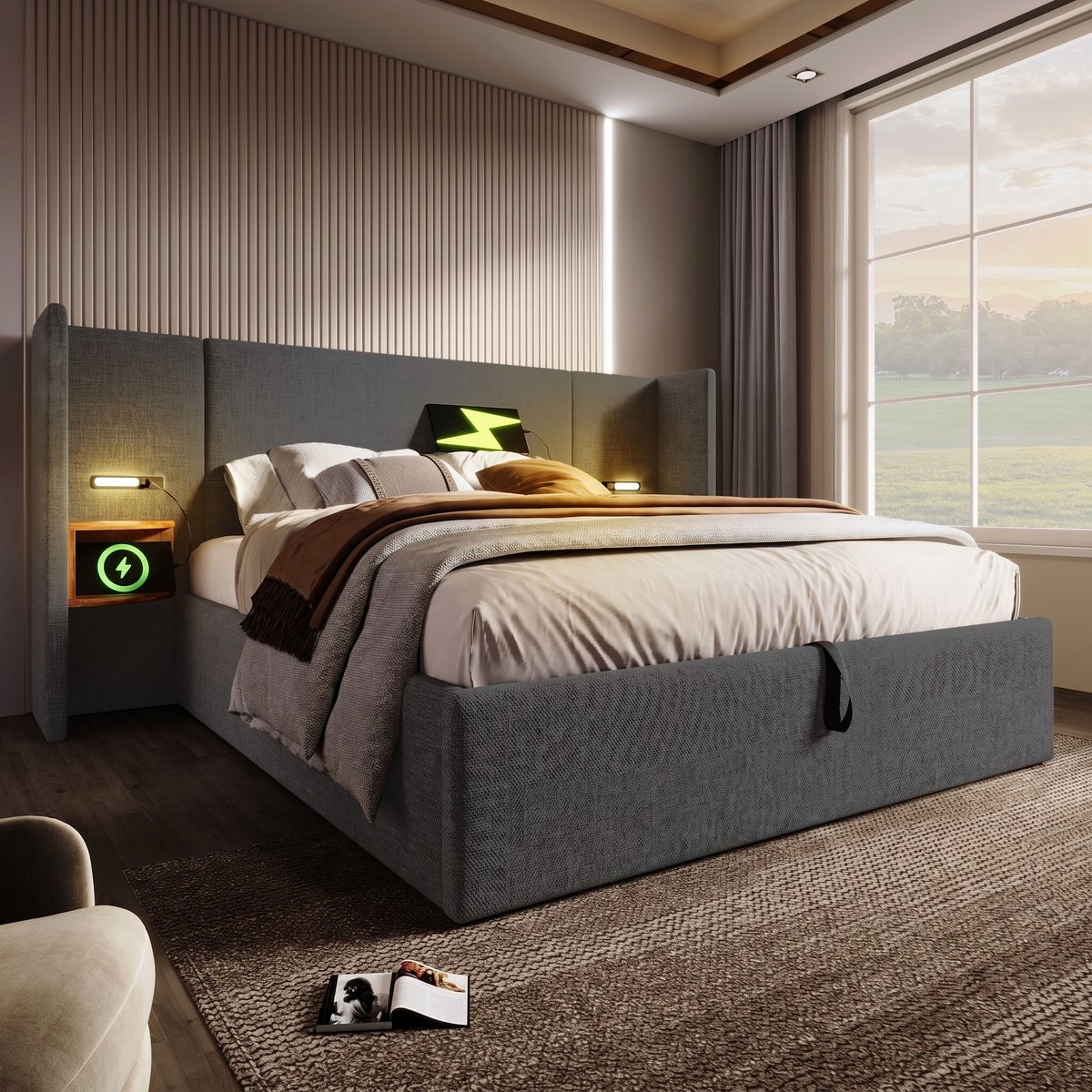 VVBV Bed met opbergruimte 180x200 / Gestoffeerd bed 180x200 / Tweepersoonsbed 180x200 – met Hydraulische Opbergruimte, USB, USB-C, Lattenbodem – Linnen Grey