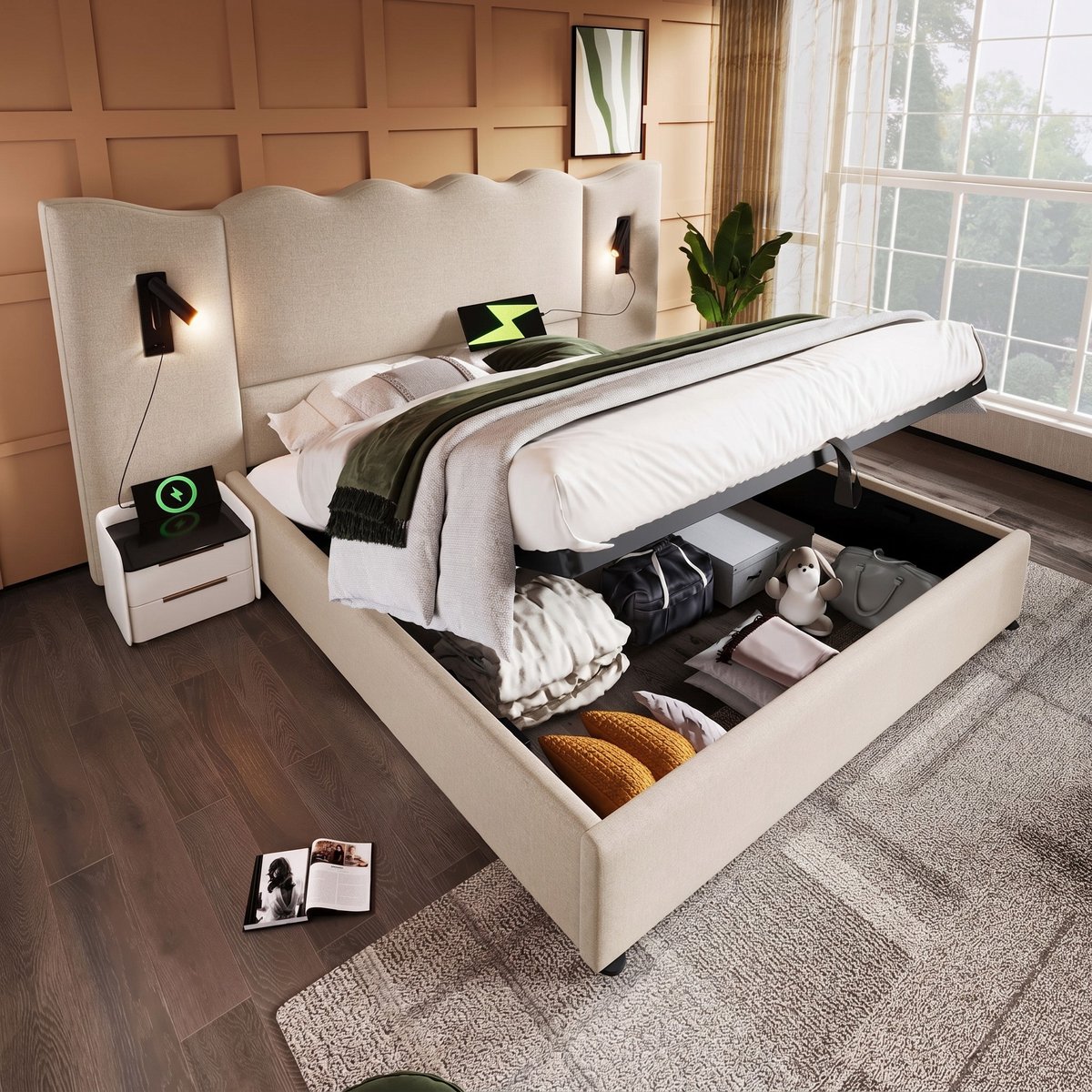 VVBV Gestoffeerd Opbergbed 180x200 cm - USB-C, Hydraulische Opbergruimte, Lattenbodem, Lee