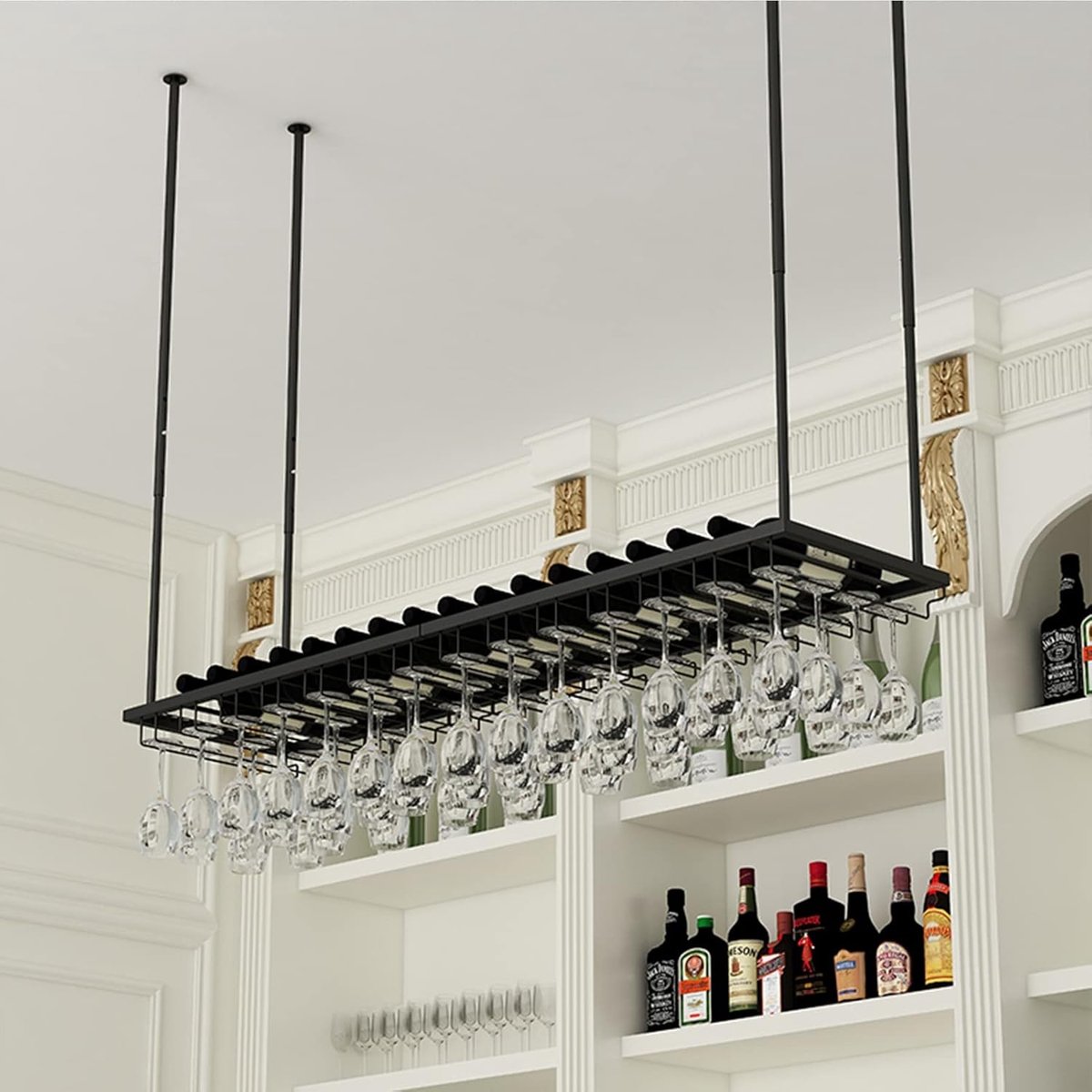 Hangend Wijnrek - Fleshouder Glasrek - Bar Keuken Decoratie - Verstelbare Giek - 60-140 cm Lengte - Zwart