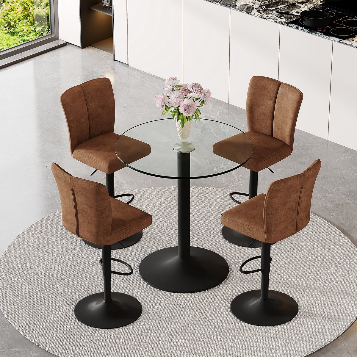 STILVORA Barset Met 4 Barkrukken En 89 Cm Glazen Tafel Draaibaar En In Hoogte Verstelbaar Voor Huisbar En Lounge Metaal Bruin Zwart Transparant
