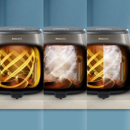 Triptiek van een Philips Airfryer die laat zien hoe hetelucht circuleert, met stoom. De voorkant heeft een transparante kuip.