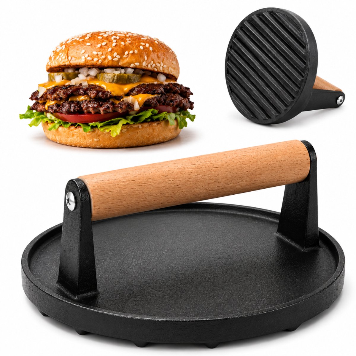 Tomec® Hamburgerpers van Gietijzer 17 cm – Zwarte Burgerpers en Hamburgermaker voor Smash Burgers, BBQ en Grill