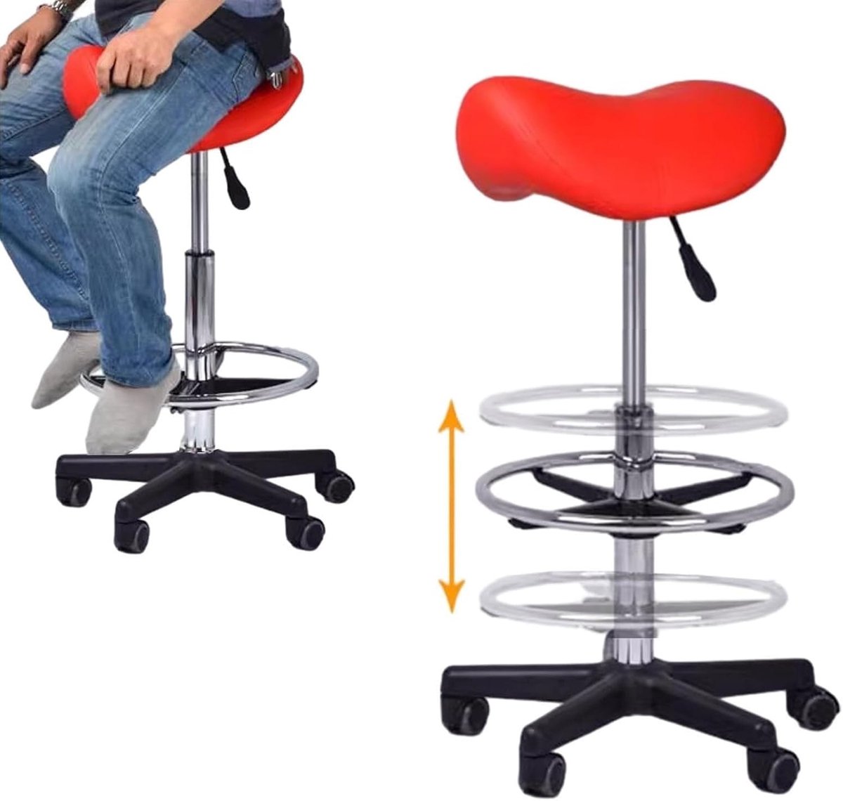 Zadelstoel met wielen - Ergonomische kruk - Comfortabel werken - Verstelbare hoogte - 51-70 cm - Zwart