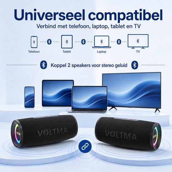 Voltma Melody Bluetooth-luidspreker, 40W draagbare luidspreker, IPX5 waterdicht met RGB-verlichting, 360° surround sound, tot 40uur speeltijd, compatibel met smartphones, pc, inclusief TF-kaartsleuf, Aux, USB C en USB A-sleuf van Voltma — afbeelding 4