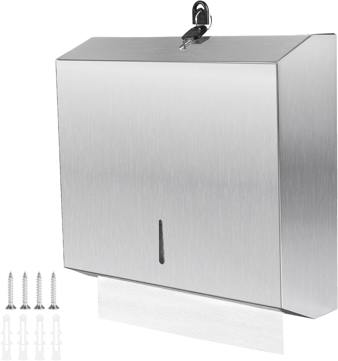 Roestvrijstalen Handdoekdispenser voor Wandmontage, Lockable, Geschikt voor 250-400 Papieren, 28.3 x 26.5 x 10 cm, Ideaal voor Keuken en Badkamer