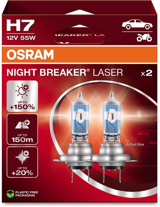 OSRAM H7 Night Breaker Laser halogeenlampen met +150% licht, 150m zicht. Set van 2.