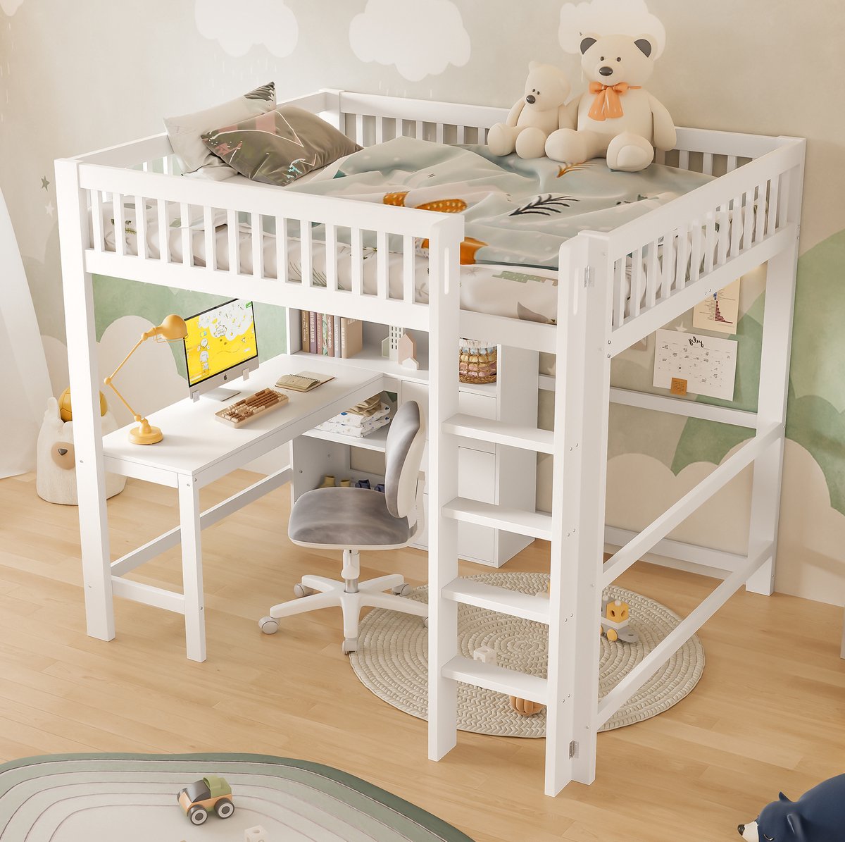 MEUNIQ Hoogslaper 140x200 cm met bureau, 3 lades en opbergruimte, met ladder en veiligheidshekje, voor kinderkamer, wit
