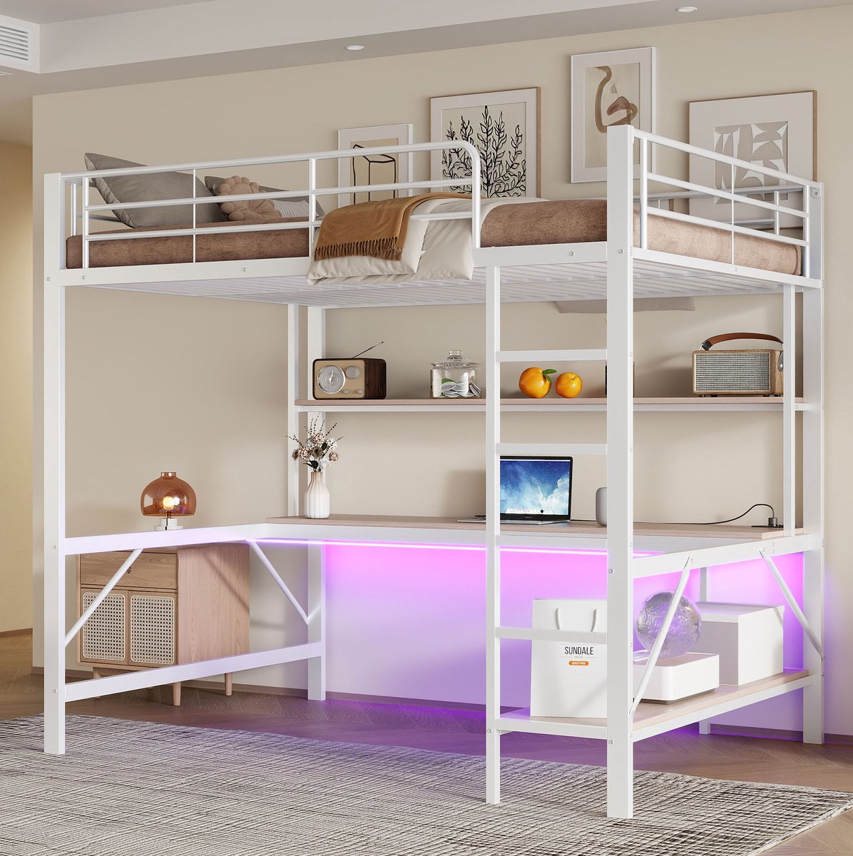 MEUNIQ hoogslaper 140x200 cm met bureau, opbergrek, LED-verlichting, ladder, uitvalbeveiliging, USB en stopcontact voor kinderkamer, wit White