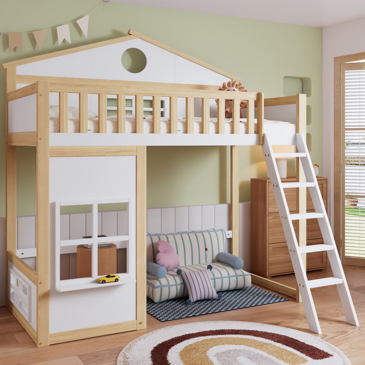MEUNIQ hoogslaper huisbed 90x200 cm met trap, veiligheidshekken, dak en ramen, open onderruimte voor kinderkamer, wit + naturel