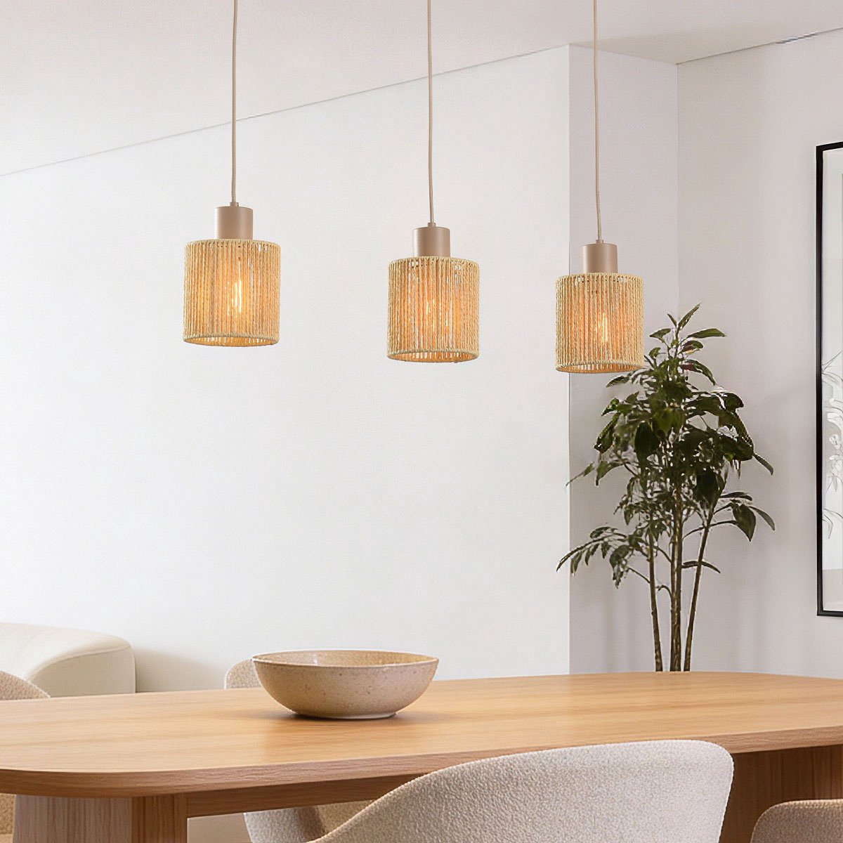 LumenXL 3-lichts hanglamp Carrizo in beige - geweven papiertouw