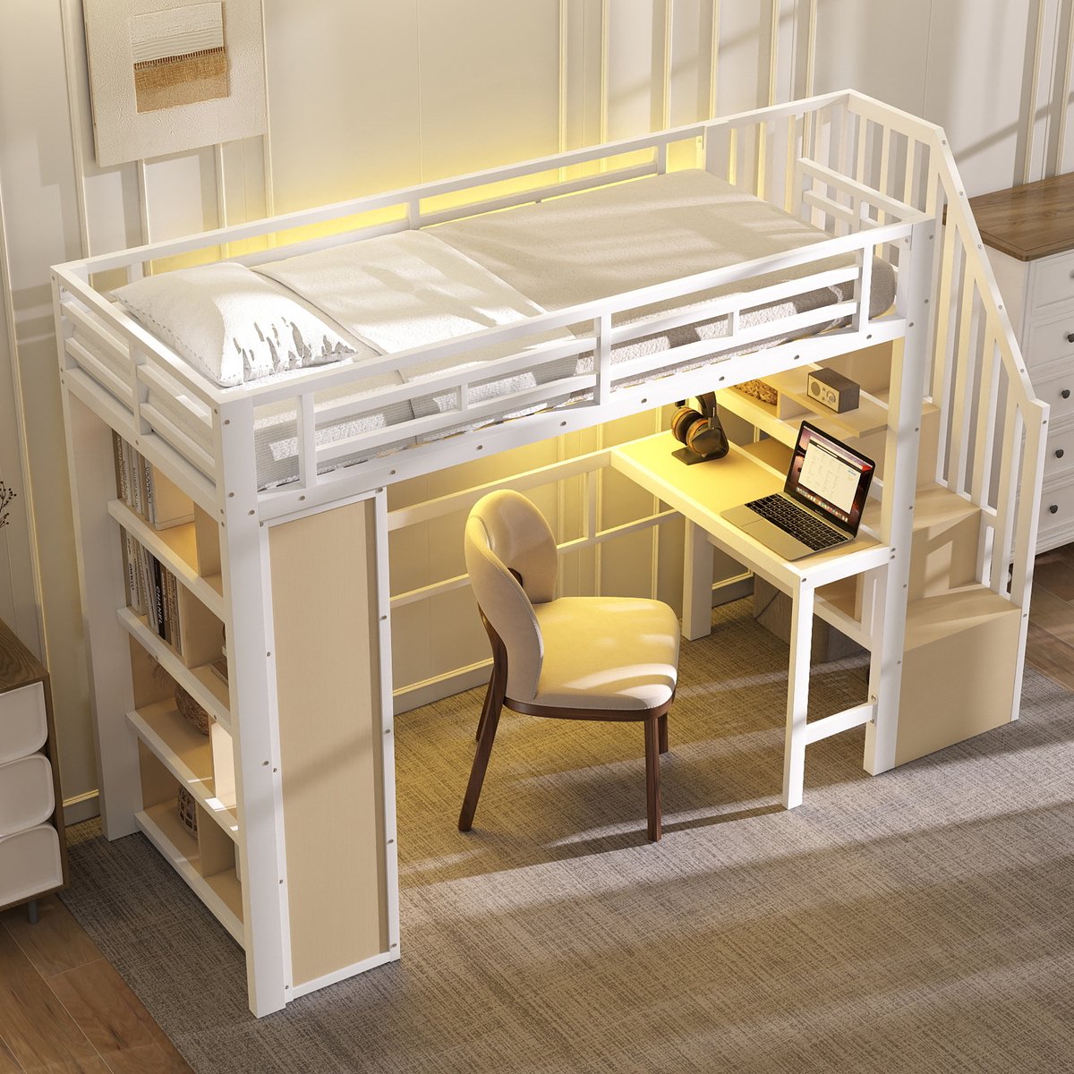 MEUNIQ hoogslaper 90 x 200 cm met bureau, opbergrekken en LED-verlichting, metalen en MDF bedframe voor slaapkamer, wit