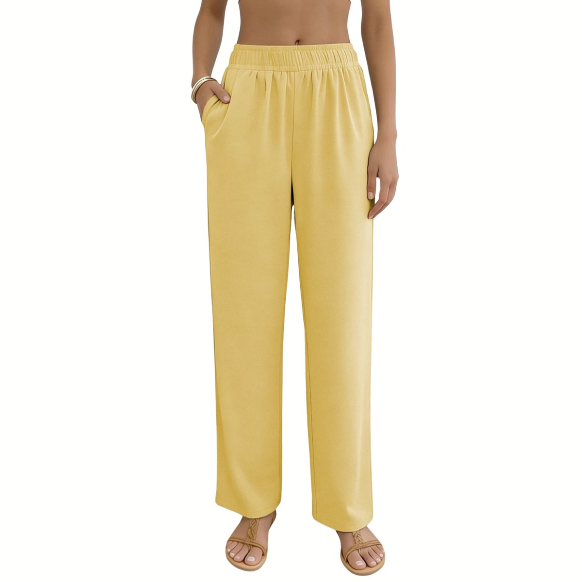 Currero Linnen Broek Dames Zomerbroek Volwassenen Lange Broek Pantalon Strandbroek Zomer Ibiza Stijl Geel