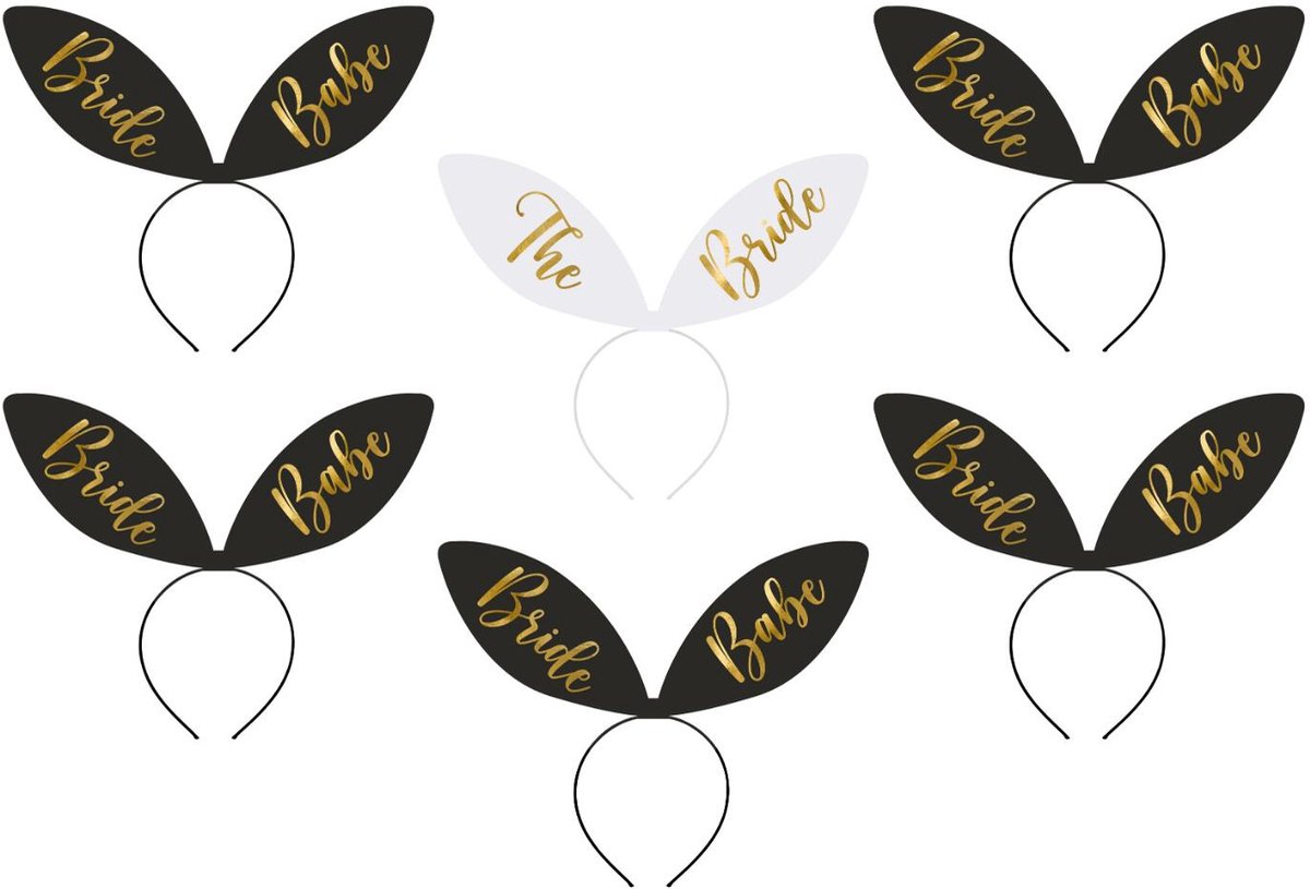 Partydeco Vrijgezellenfeest team diadeems - 6x - Bride Babes - zwart / wit - bunny oortjes - haarbandjes