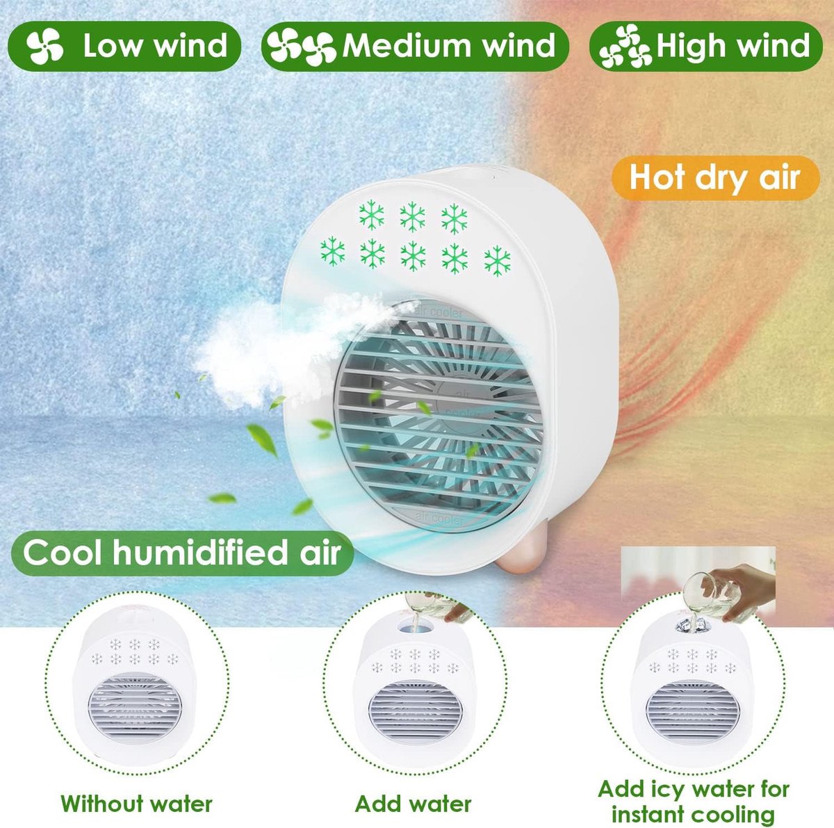 Mobiele airconditioner - Ventilator - 4-in-1 draagbare desktop aircooler - USB oplaadbare luchtkoeler met waterverneveling - 3 windsnelheden - LED Verlichting - geschikt voor slaapkamer - auto - caravan en camping - sproeistanden – foto 6
