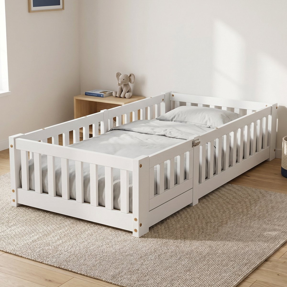 Mofor Montessori Kinderbed 80x160 cm - Vloerbed met Uitvalbeveiliging en Lattenbodem - Eenpersoonsbed - Hout - Wit