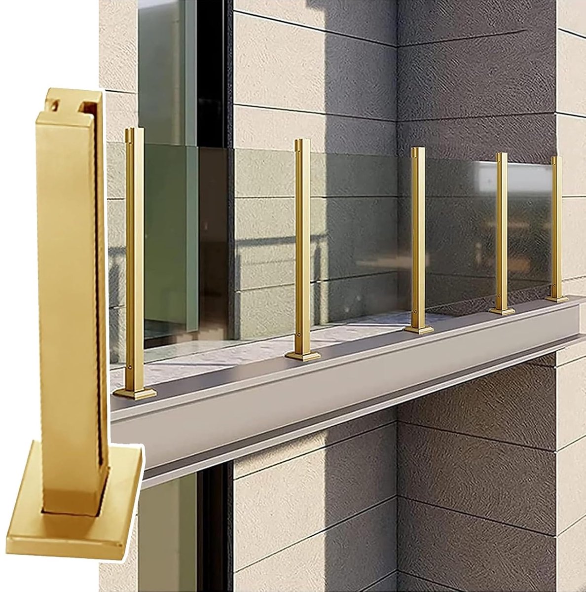Glazen reling paal - Balkon hekwerk - Veilig buiten - Roestvrij staal - 90 cm hoogte - Goudkleurig