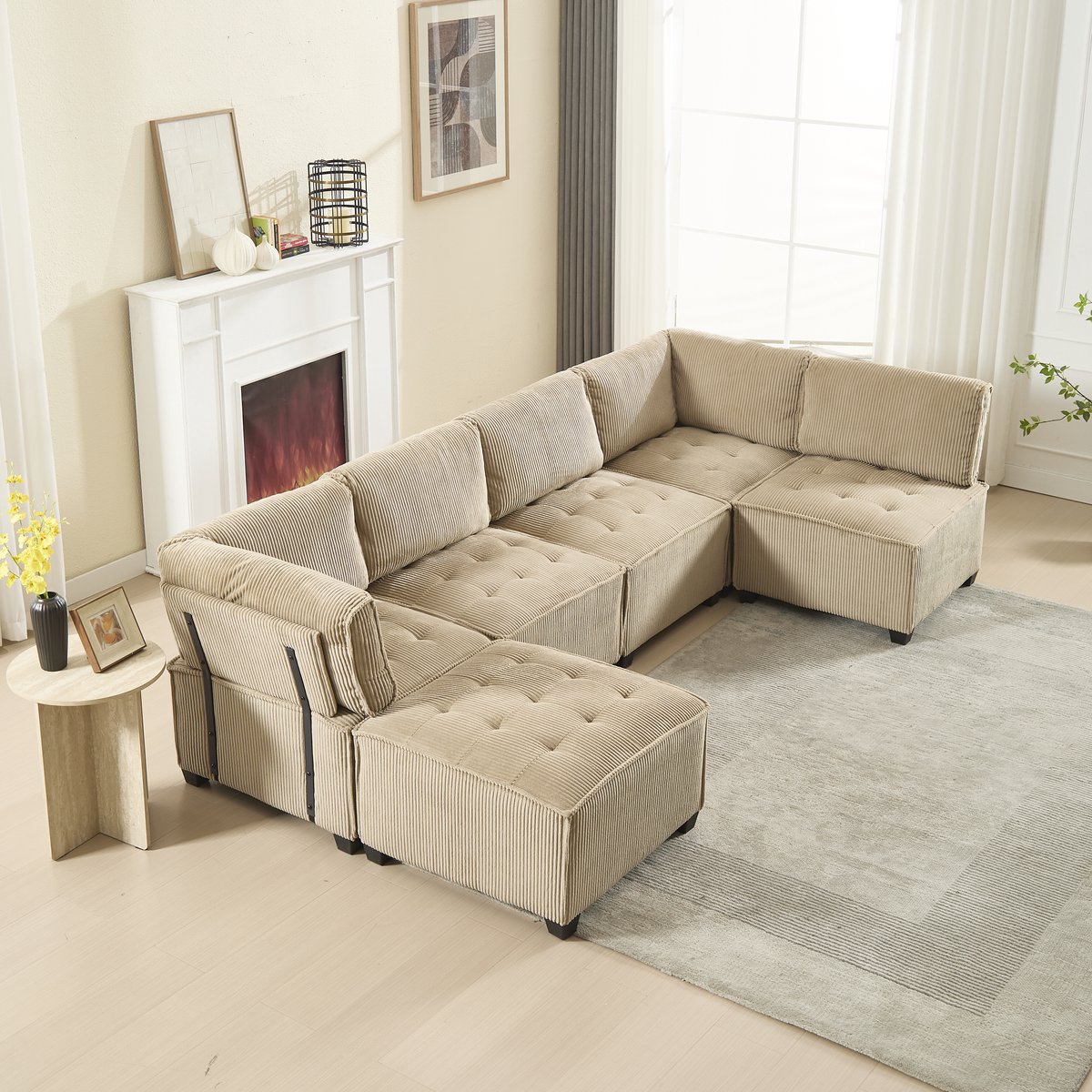 DESMIU Fauteuil 140 x 112 x 81 cm - Met Bekerhouders, Zijvak En USB-Oplaadpoort - Voor Woonkamer En Slaapkamer - Stof - Mosterdgeel